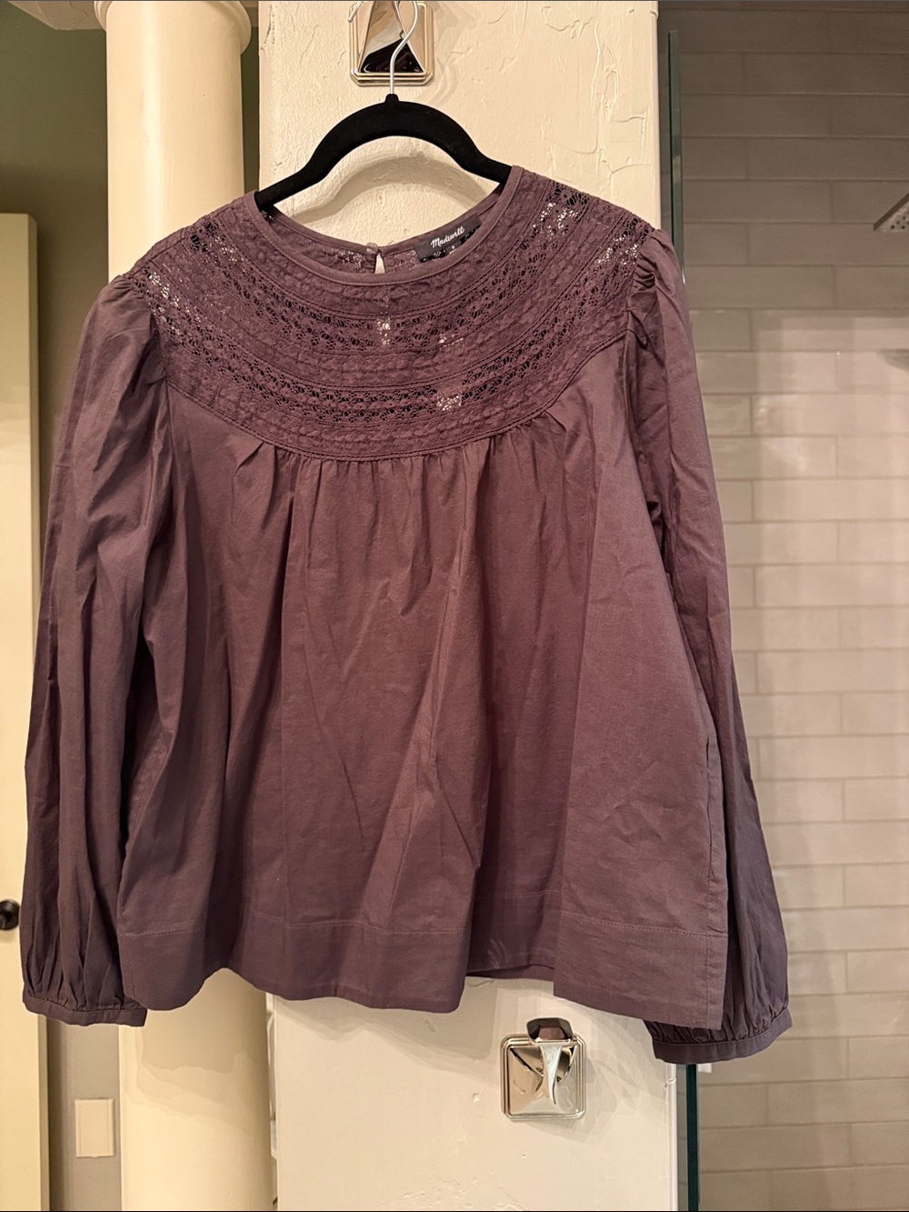 Women's Brown Long-Sleeve Lace Yoke Blouse